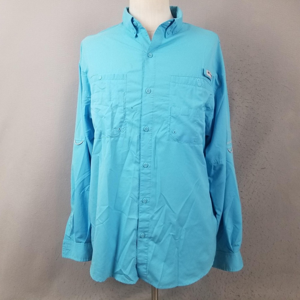 Columbia Fishing Shirt Mens L Blue Bonehead PFG Omni-Shade Long Sleeve Roll Tab